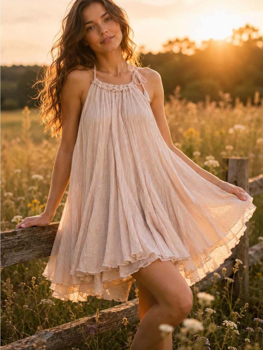 FREE PEOPLE Catching Rays halter cottagecore dress, M.